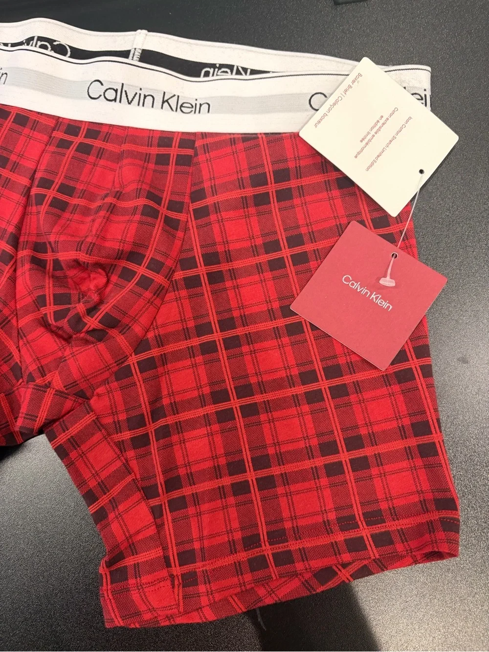 Calvin Klein Red Plaid Stretch Boxer Briefs with Logo Waistband new